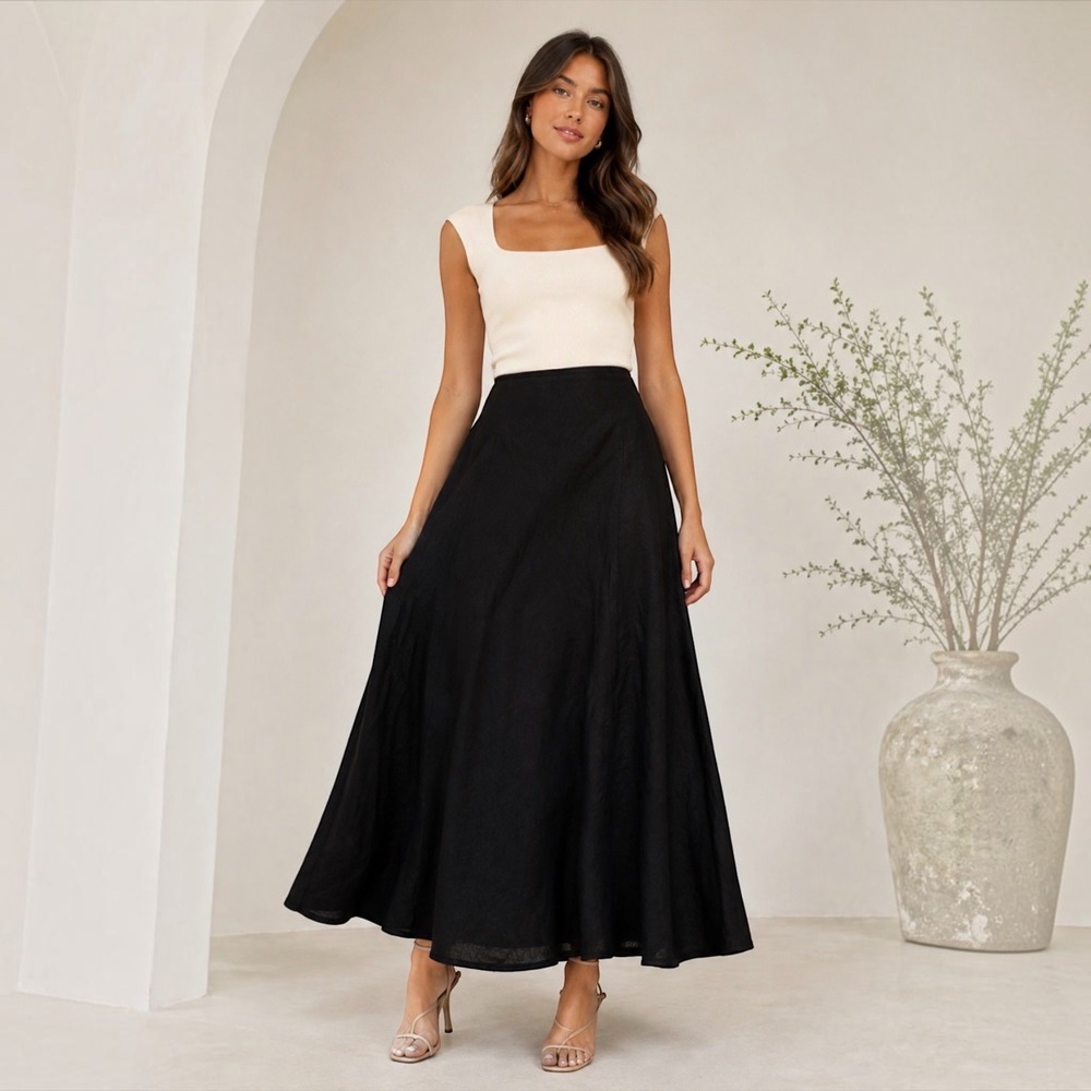 Olivaceous Black 100% Linen High Waist A‑Line Maxi Skirt NWT Small Minimalist